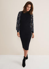 Elmina Woven Sleeve Star Knit Dress Navy
