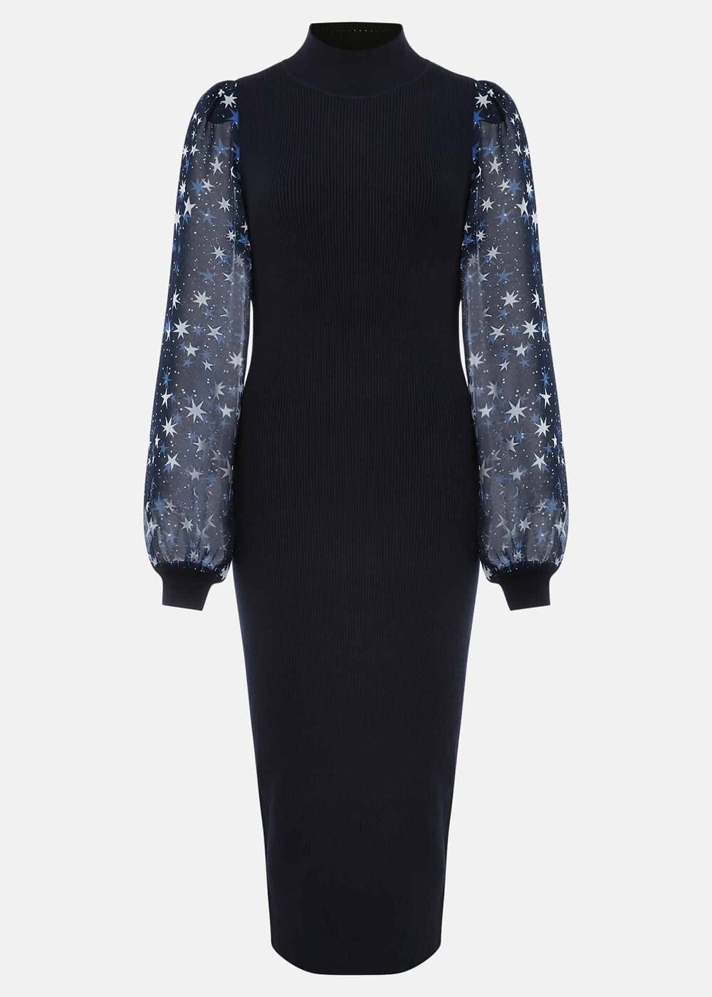 Elmina Woven Sleeve Star Knit Dress Navy