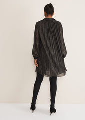 Tanya Foil Pleated Shirt Dress Black/Pewter