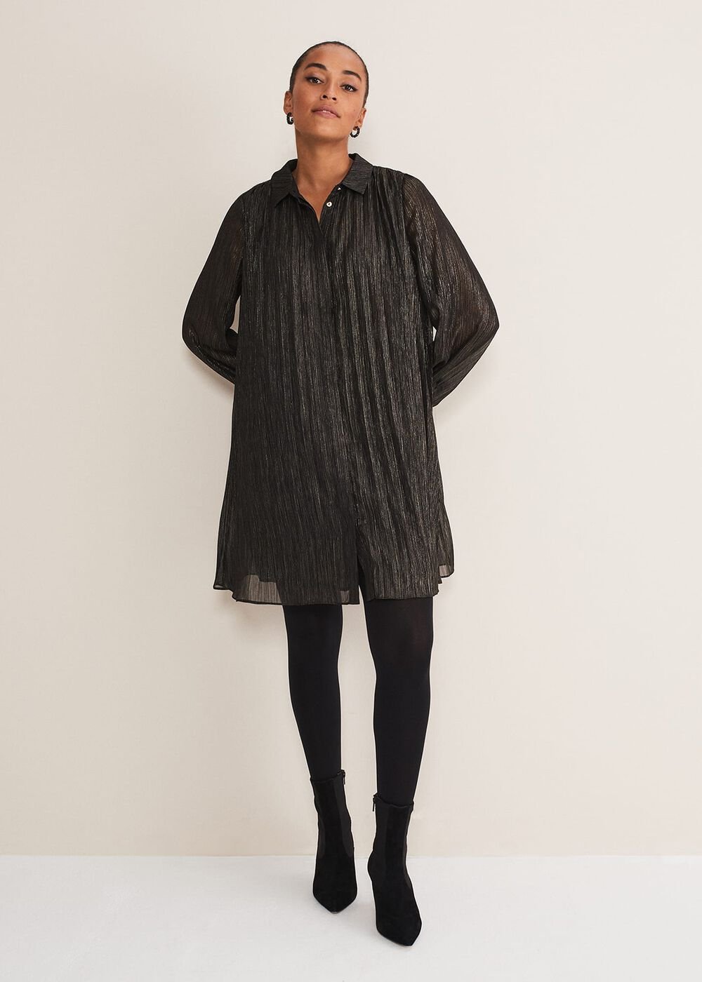 Tanya Foil Pleated Shirt Dress Black/Pewter