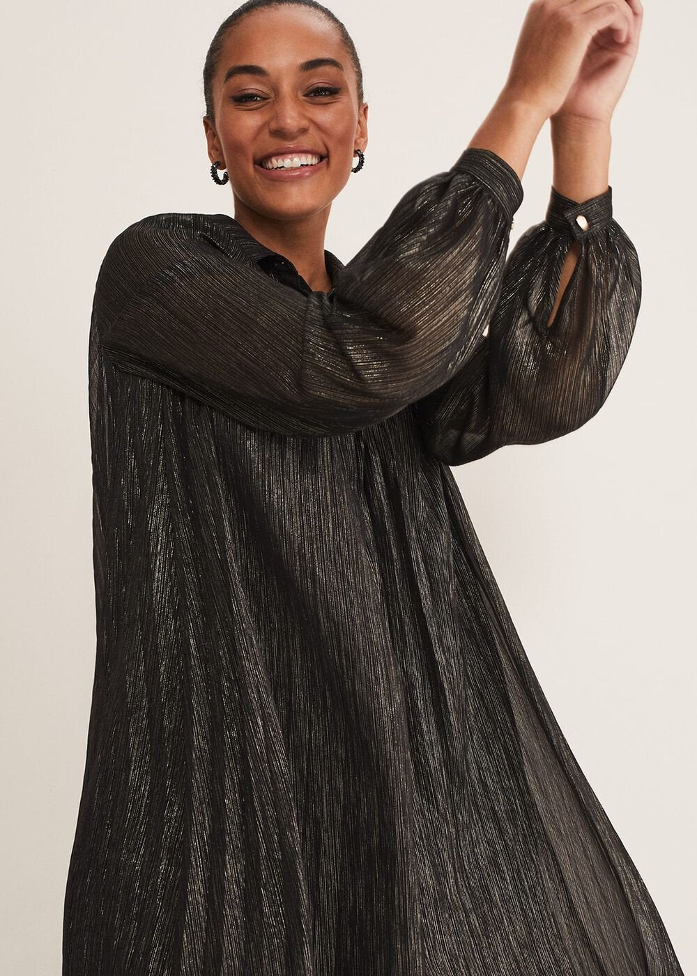 Tanya Foil Pleated Shirt Dress Black/Pewter