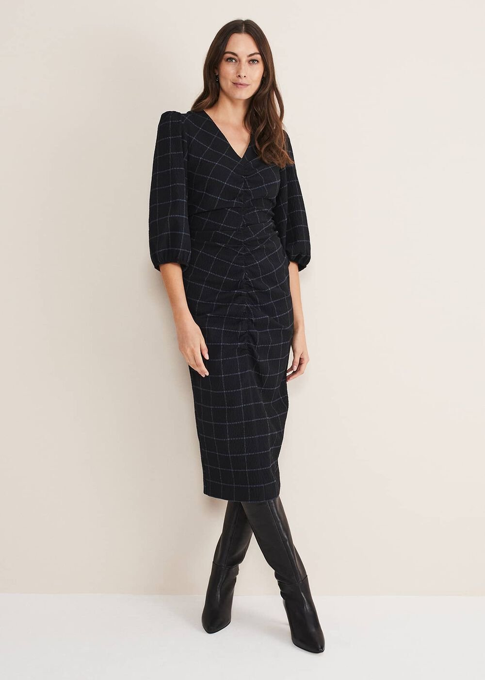 Addison Check Ruched Dress Black/Blue