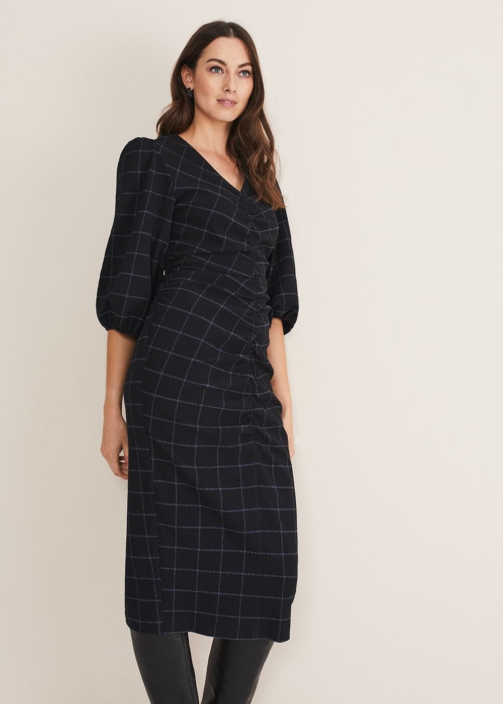 Addison Check Ruched Dress Black/Blue