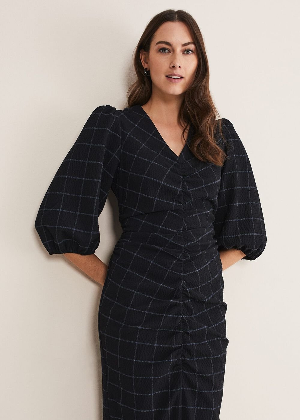 Addison Check Ruched Dress Black/Blue