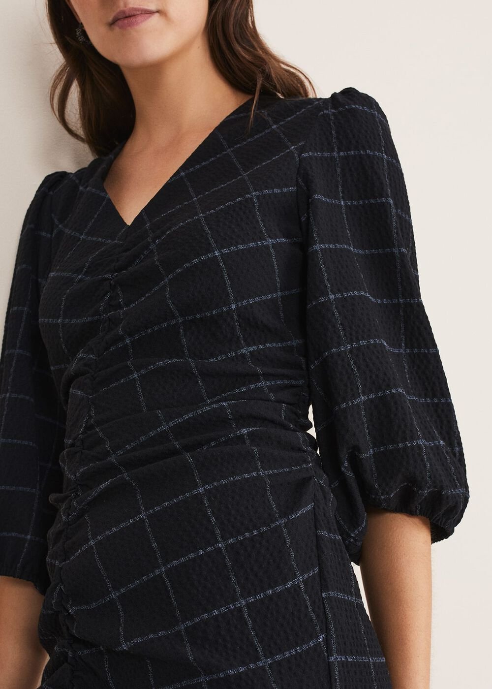 Addison Check Ruched Dress Black/Blue