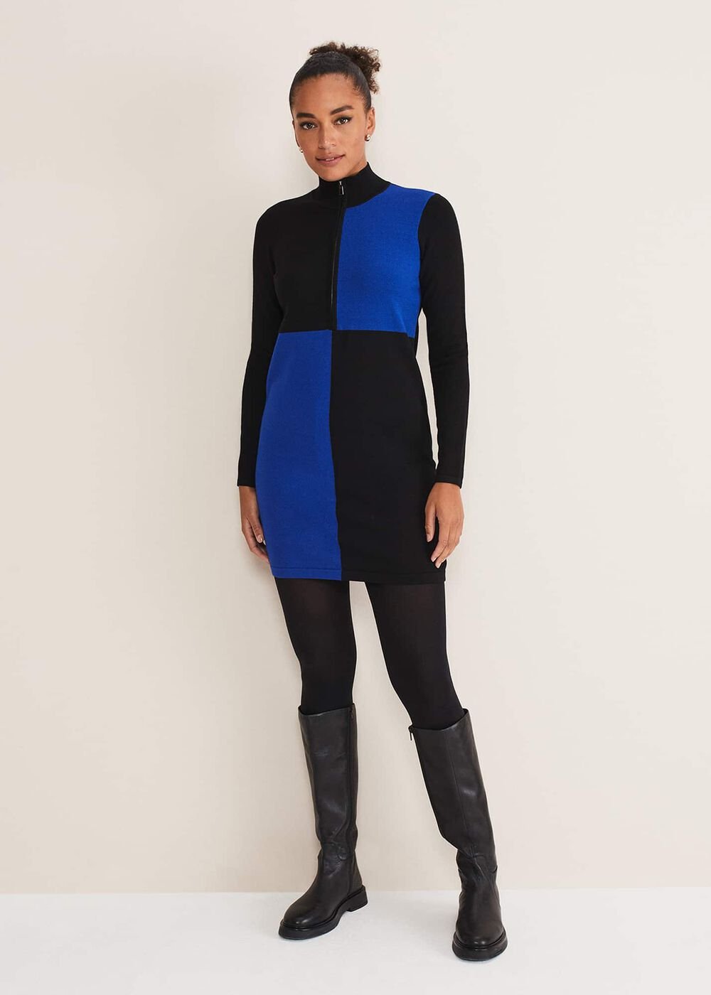 Arden Zip Detail Colour Block Knit Dress Cobalt/Black