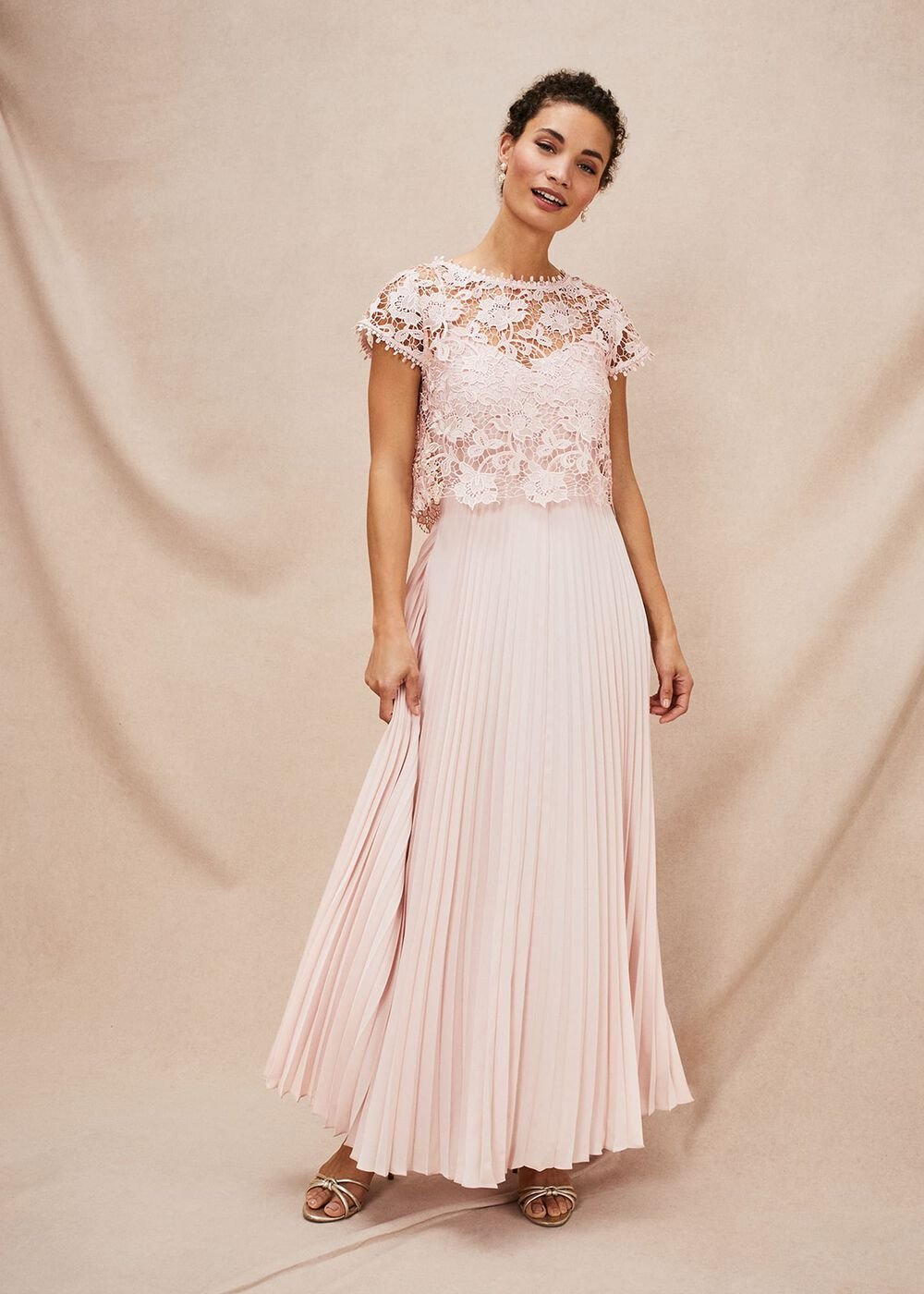 Michelle Lace Pleated Maxi Dress Antique Rose
