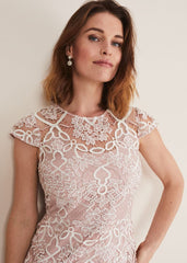 Classic Pink Lace Overlay Pencil Dress Petal