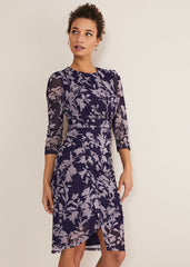 Purple Floral Mesh Midi Dress Latte/Navy