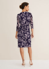 Purple Floral Mesh Midi Dress Latte/Navy