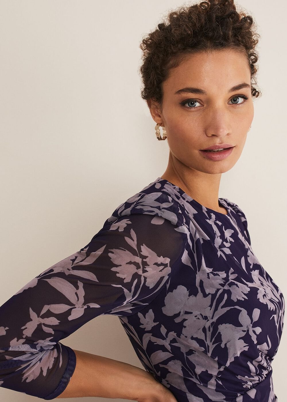 Purple Floral Mesh Midi Dress Latte/Navy
