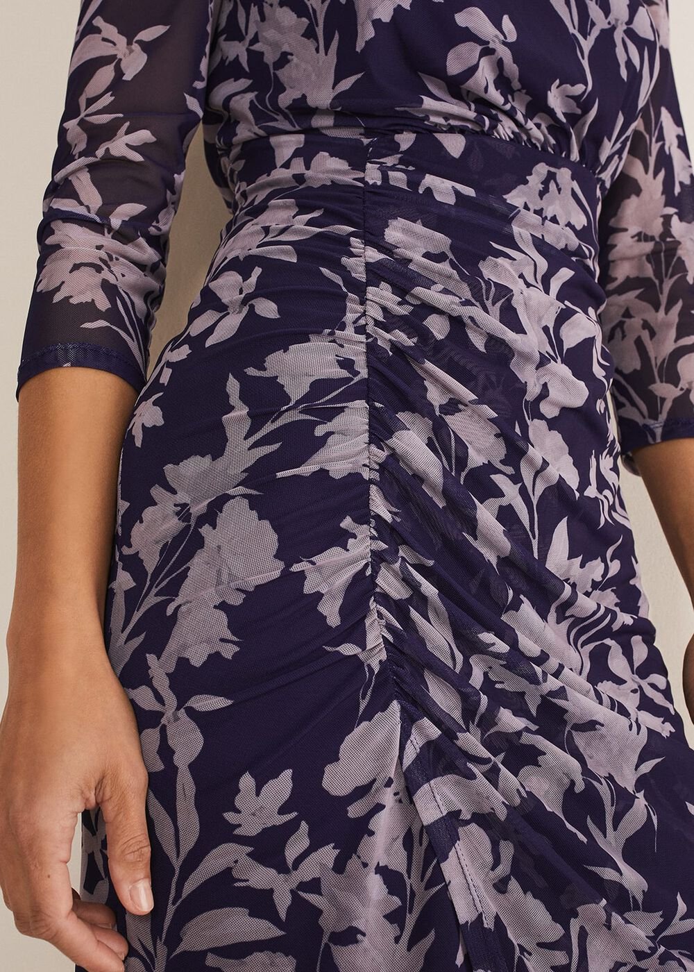 Purple Floral Mesh Midi Dress Latte/Navy