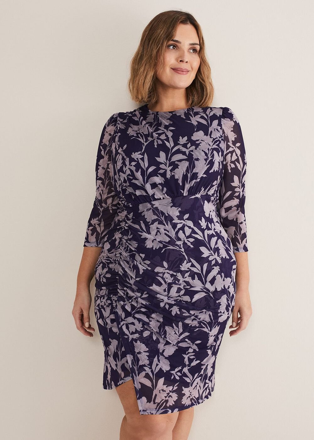 Purple Floral Mesh Midi Dress Latte/Navy