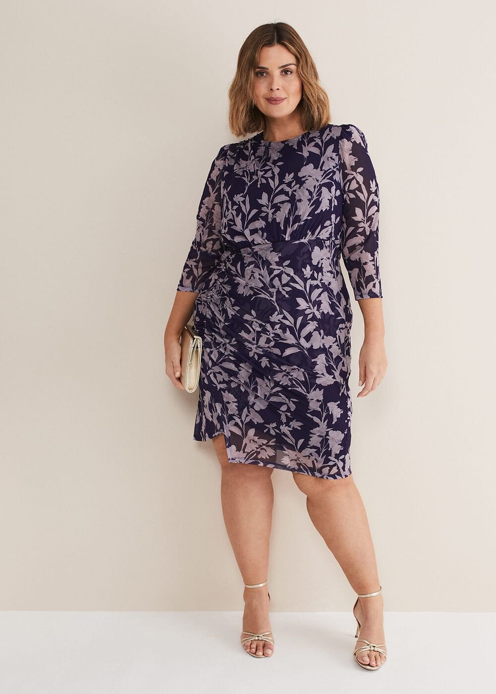 Purple Floral Mesh Midi Dress Latte/Navy