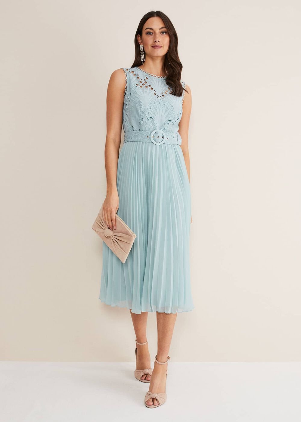 Light Blue Lace Bodice Midi Dress with Adjustable Belt Peppermint