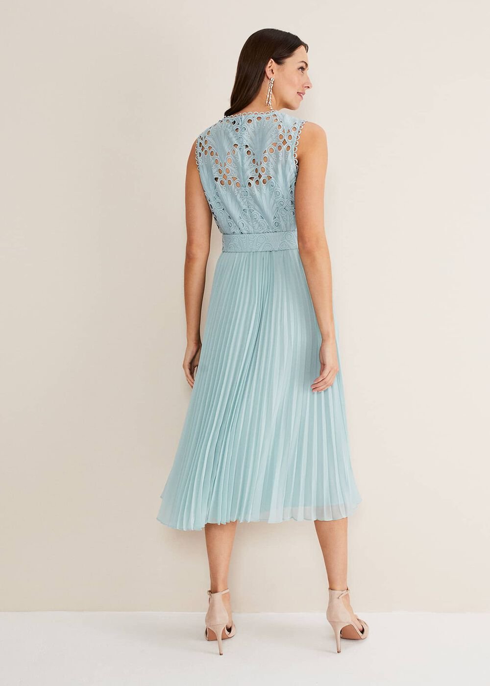 Light Blue Lace Bodice Midi Dress with Adjustable Belt Peppermint