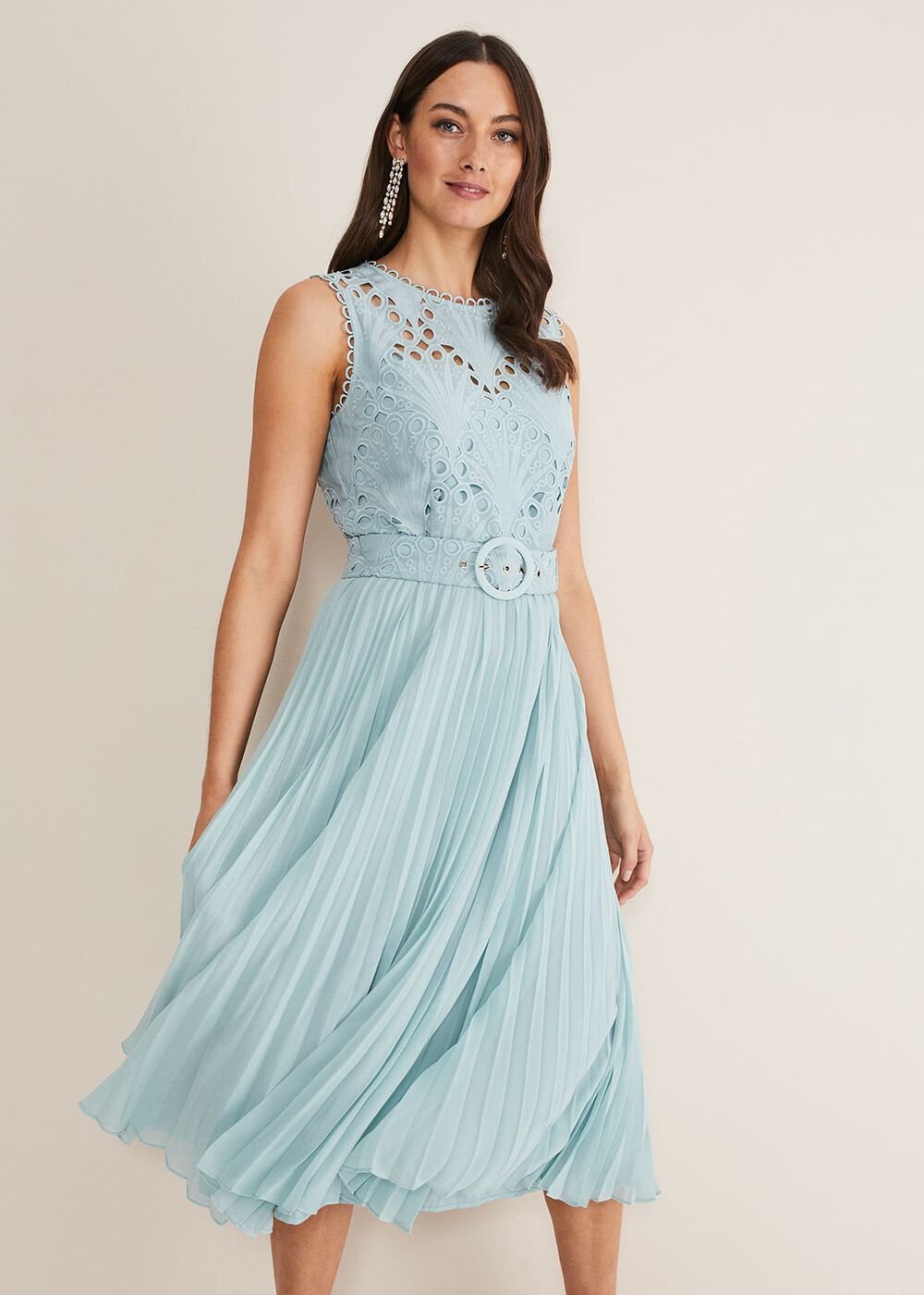 Light Blue Lace Bodice Midi Dress with Adjustable Belt Peppermint