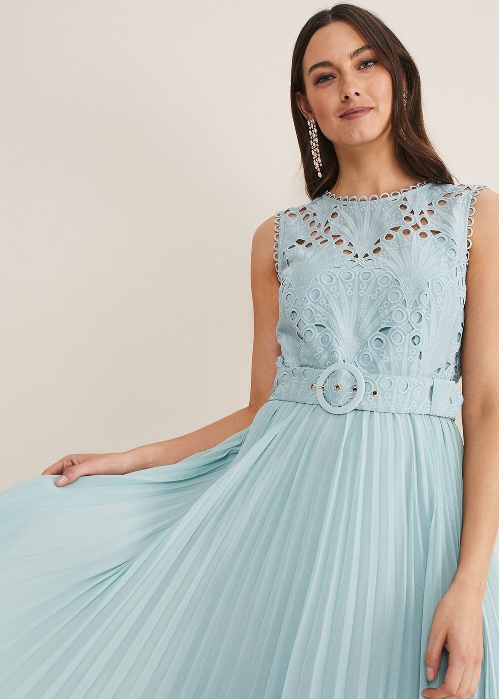 Light Blue Lace Bodice Midi Dress with Adjustable Belt Peppermint