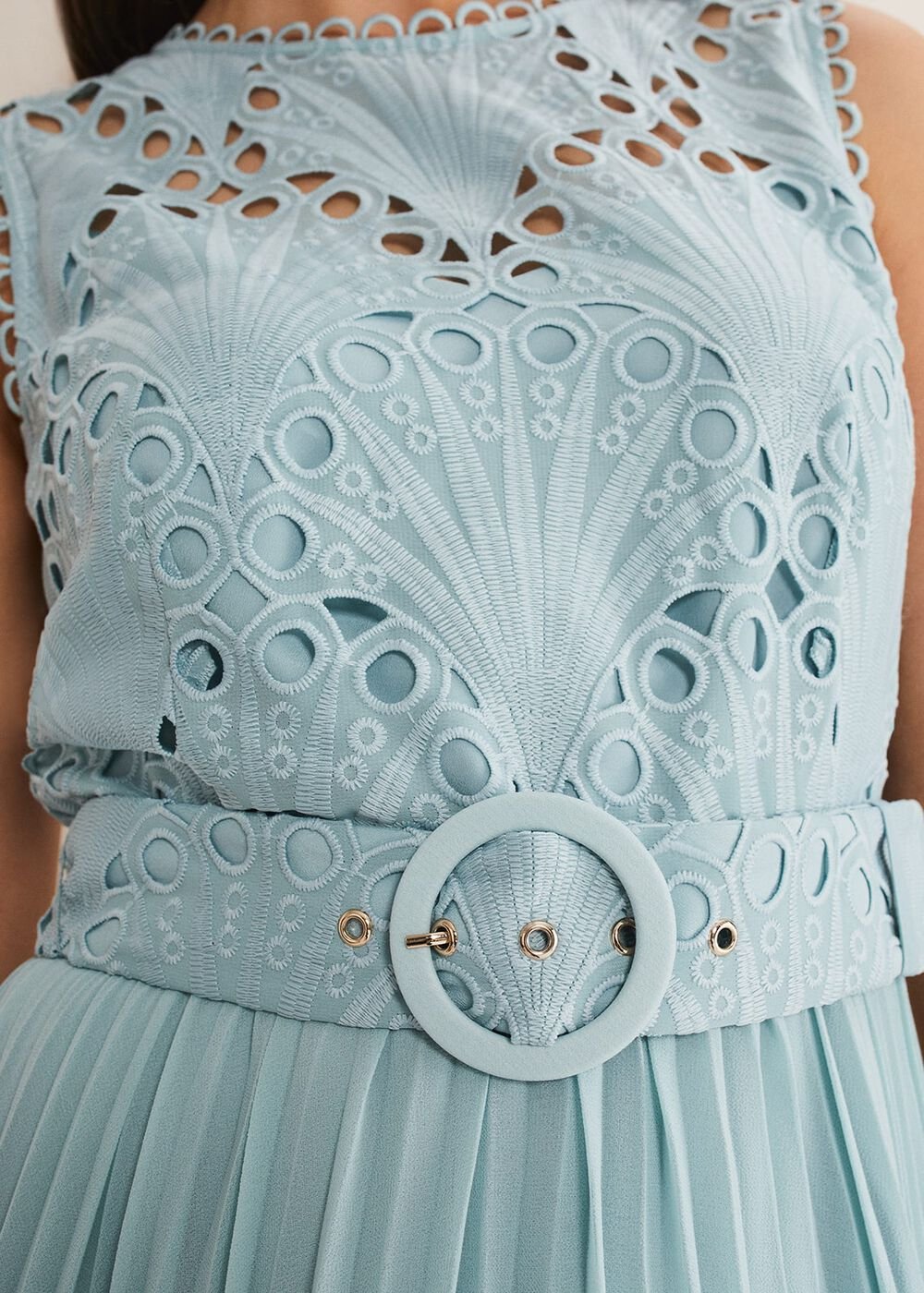 Light Blue Lace Bodice Midi Dress with Adjustable Belt Peppermint