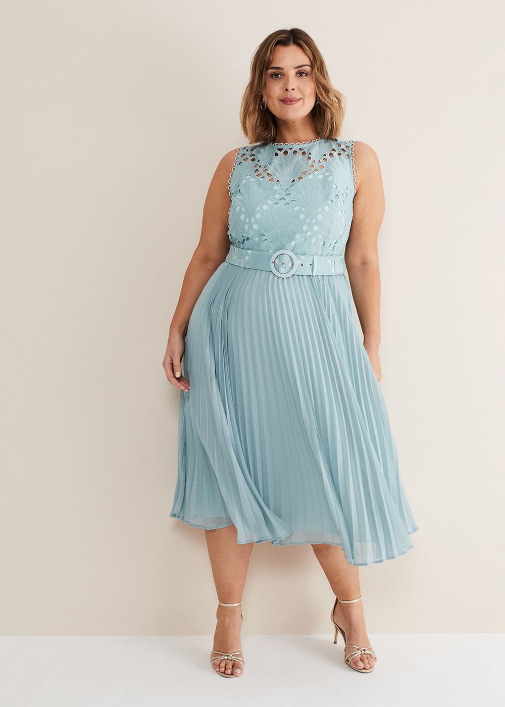 Light Blue Lace Bodice Midi Dress with Adjustable Belt Peppermint