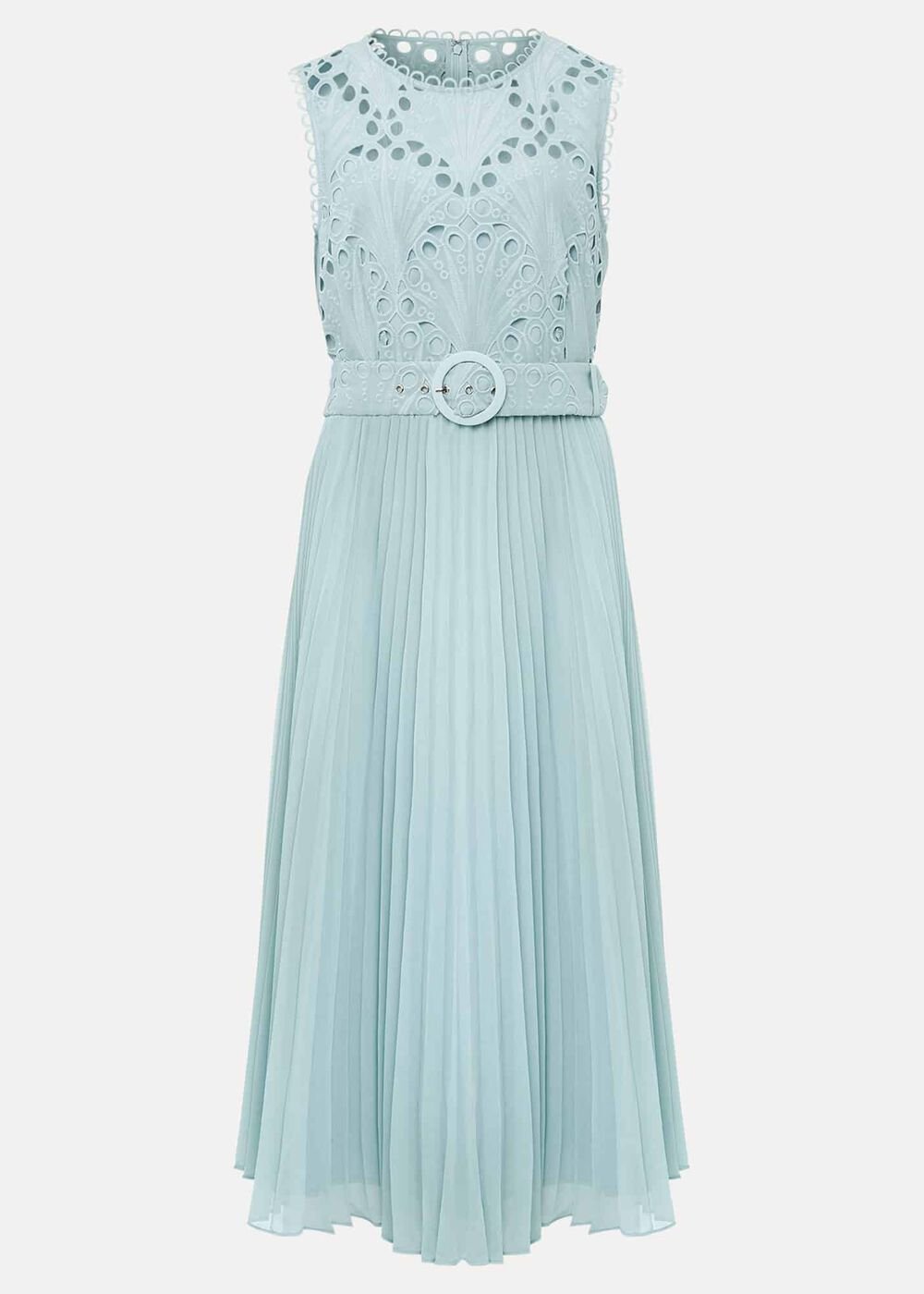 Light Blue Lace Bodice Midi Dress with Adjustable Belt Peppermint