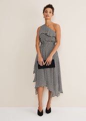 Kaz Checked One Shoulder Midi Dress Black/White