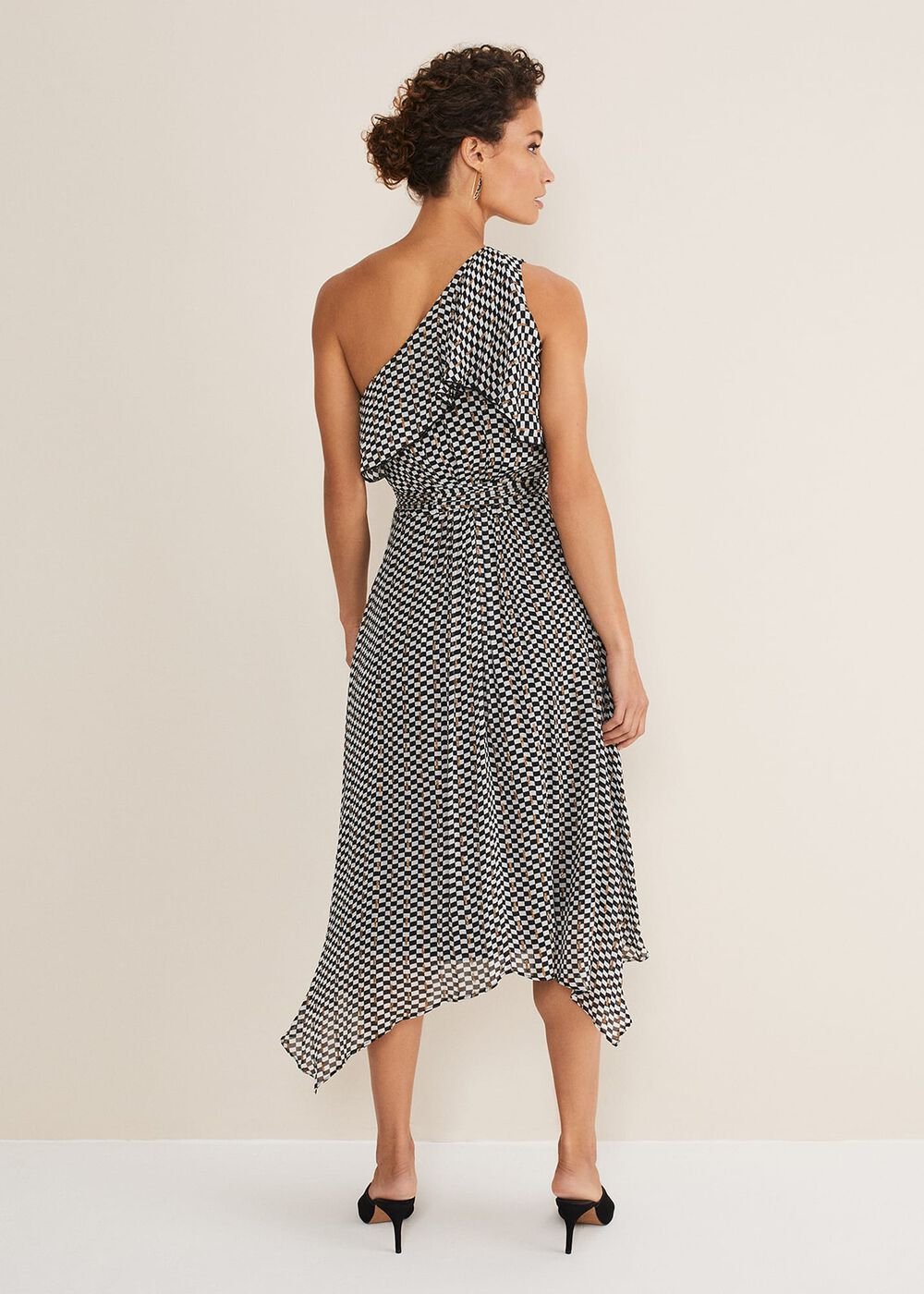 Kaz Checked One Shoulder Midi Dress Black/White