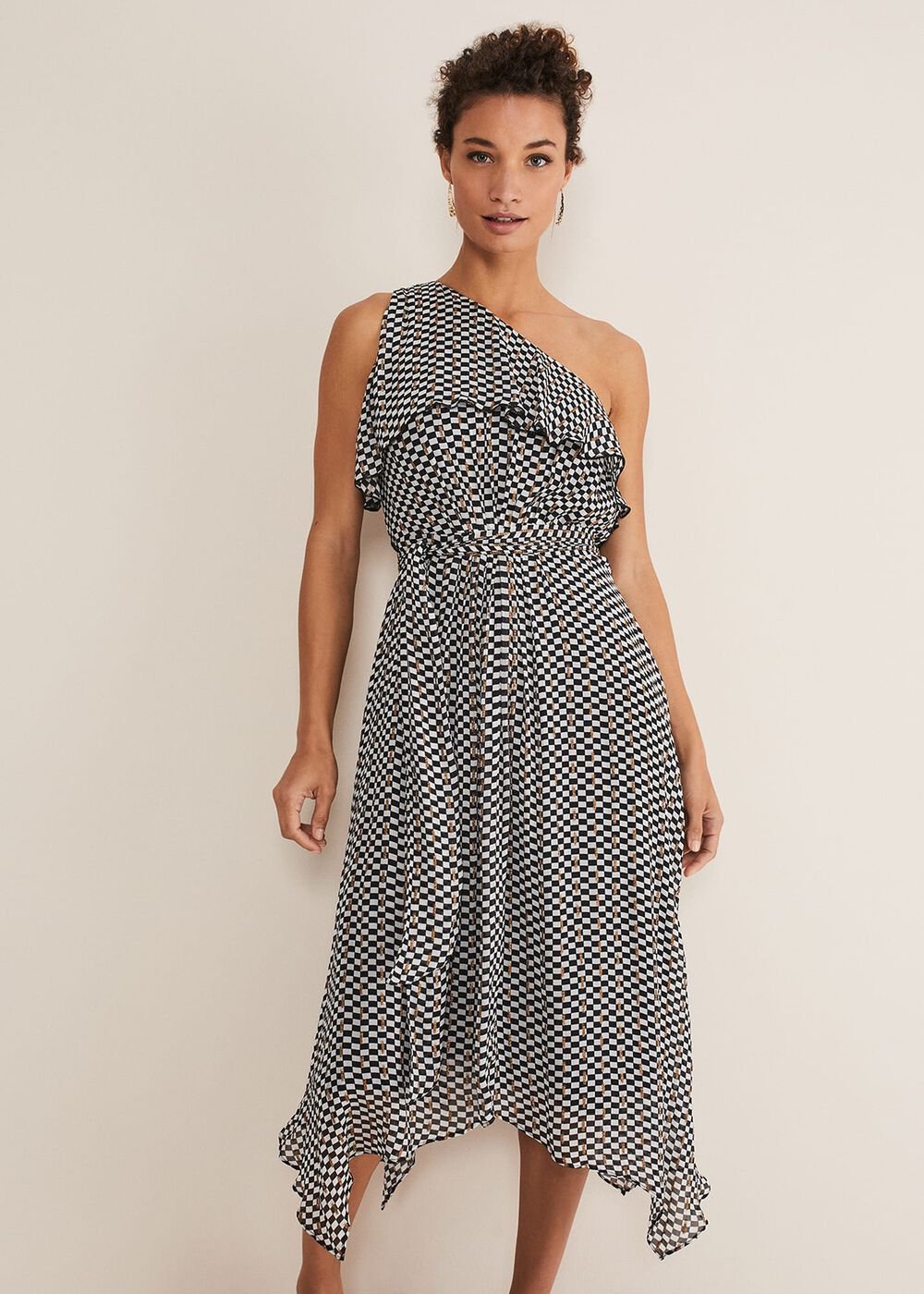 Kaz Checked One Shoulder Midi Dress Black/White