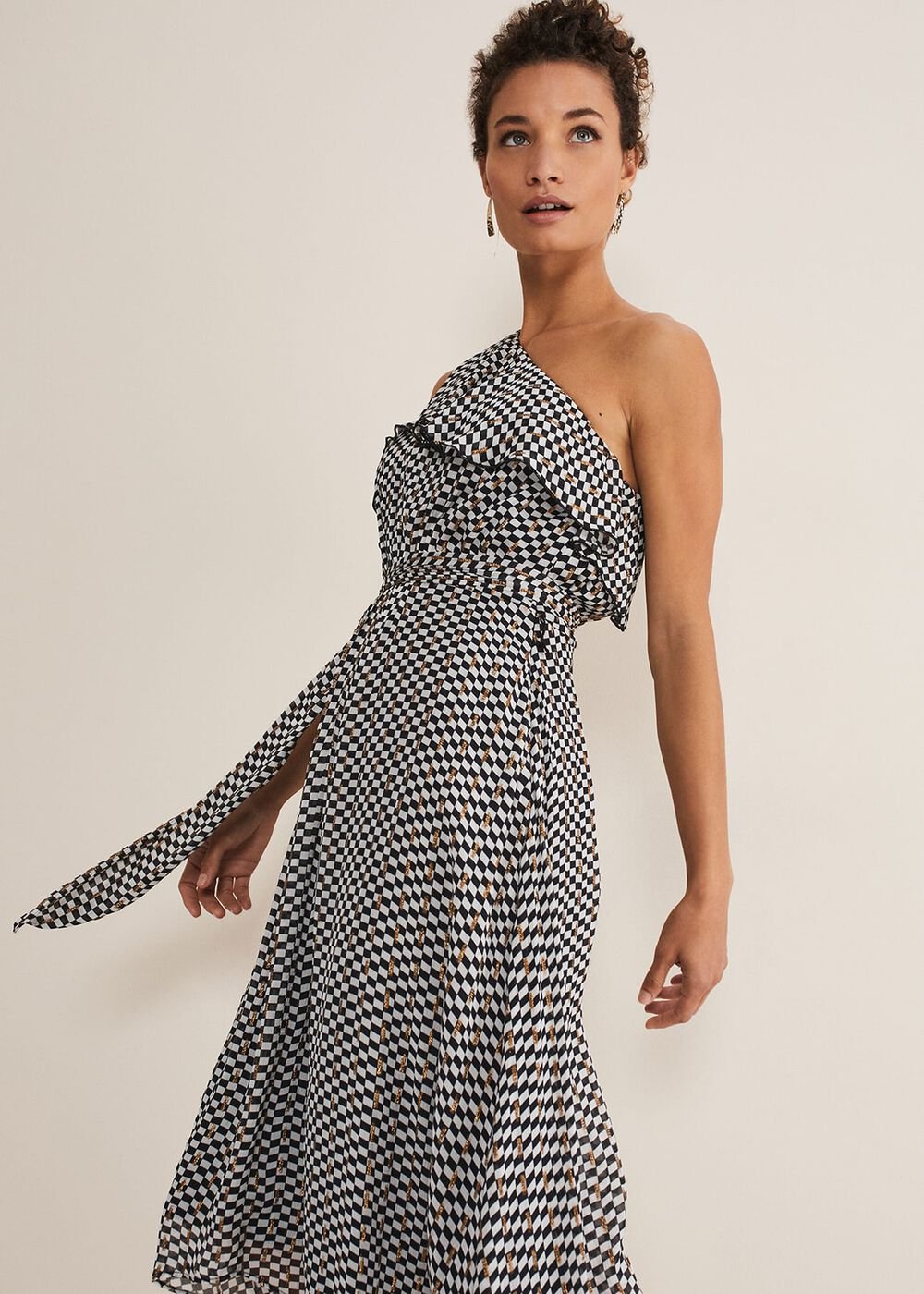 Kaz Checked One Shoulder Midi Dress Black/White