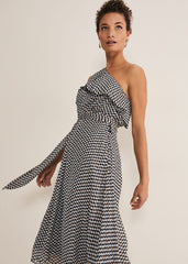 Kaz Checked One Shoulder Midi Dress Black/White