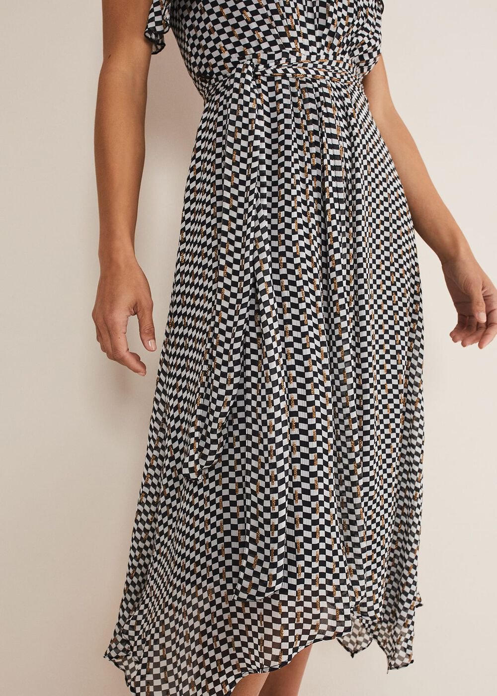 Kaz Checked One Shoulder Midi Dress Black/White