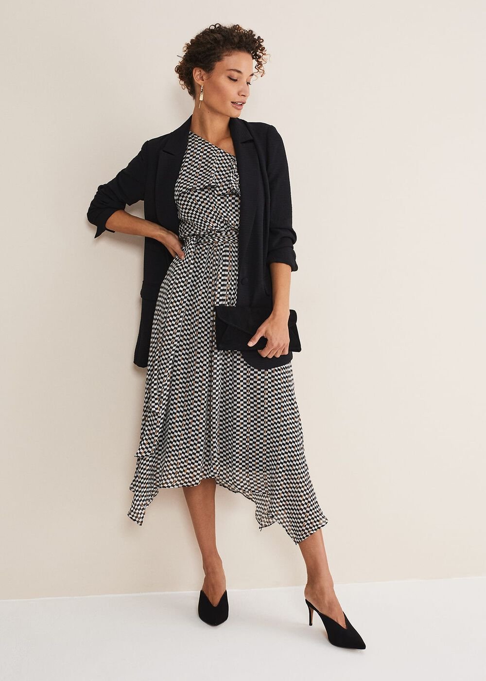 Kaz Checked One Shoulder Midi Dress Black/White