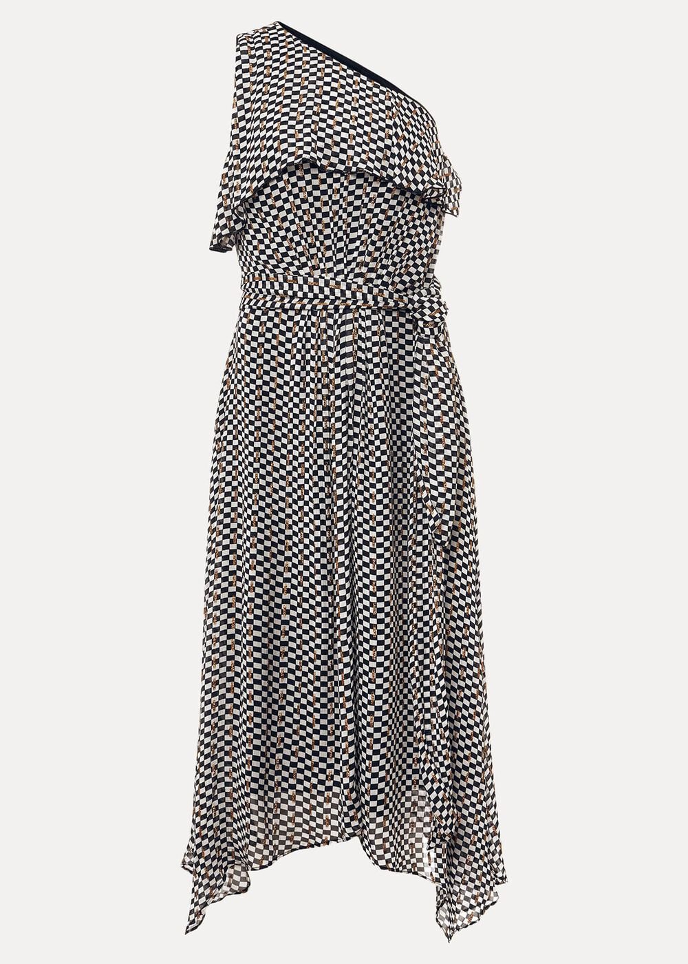Kaz Checked One Shoulder Midi Dress Black/White
