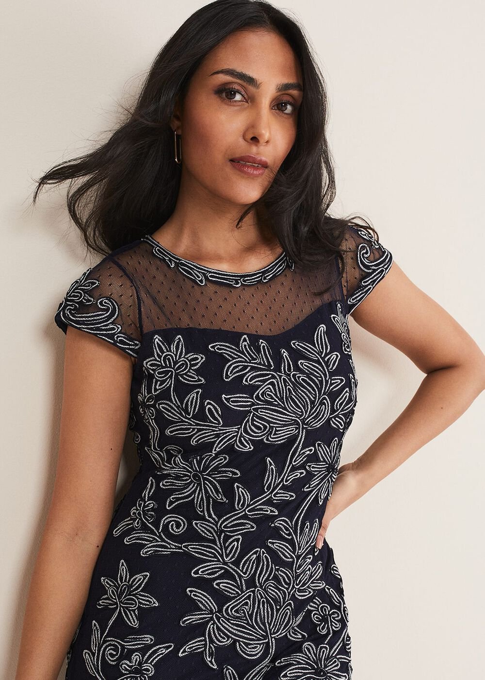 Petite Zila Tapework Dress Navy/Ivory