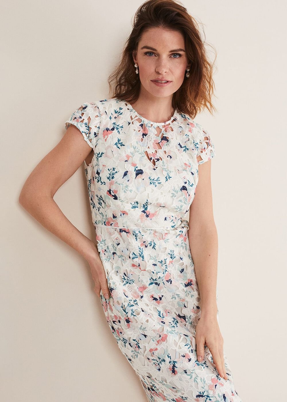 Ivory Floral Lace Dress with Pink & Navy Accents Ivory/Multi