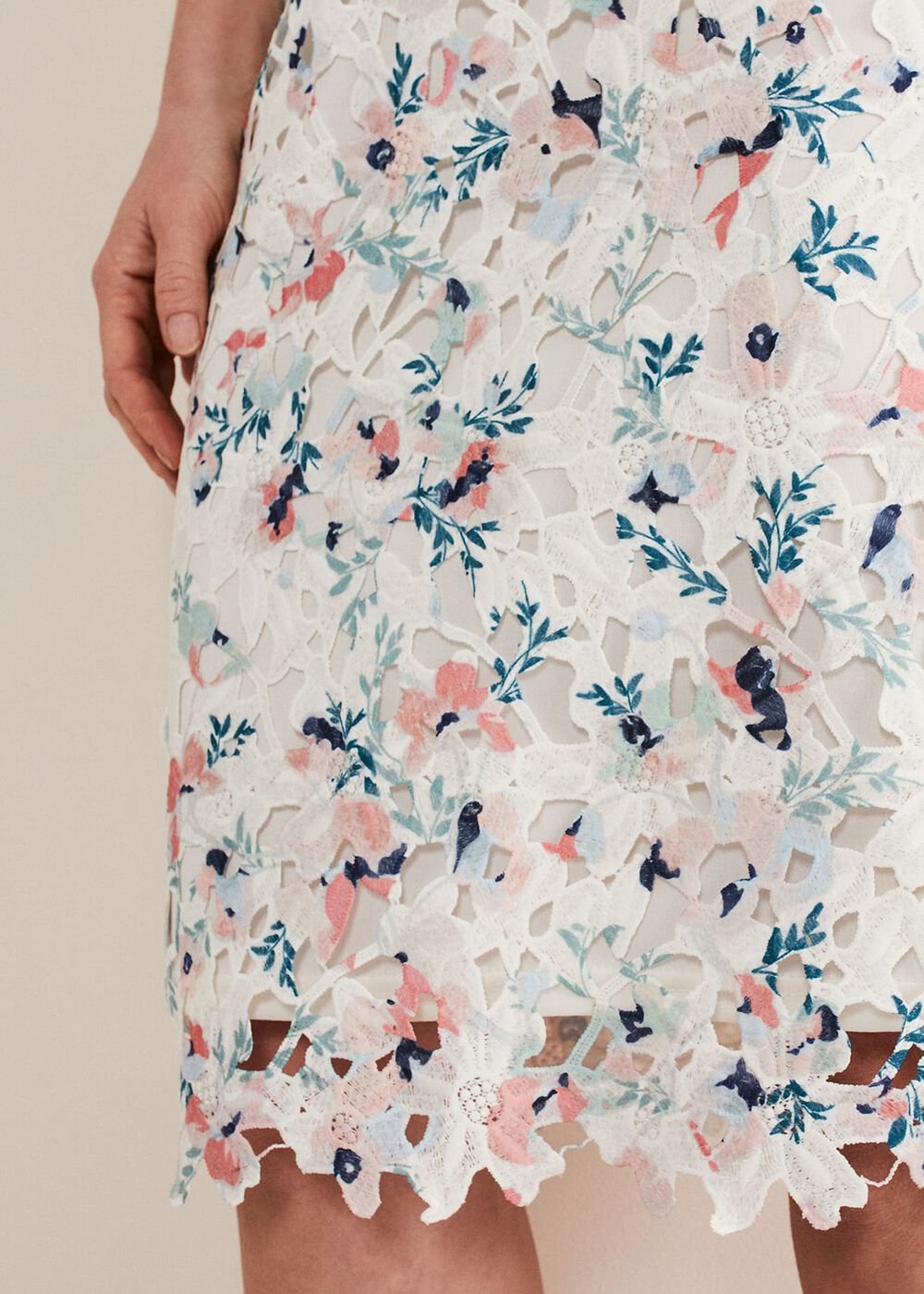 Ivory Floral Lace Dress with Pink & Navy Accents Ivory/Multi