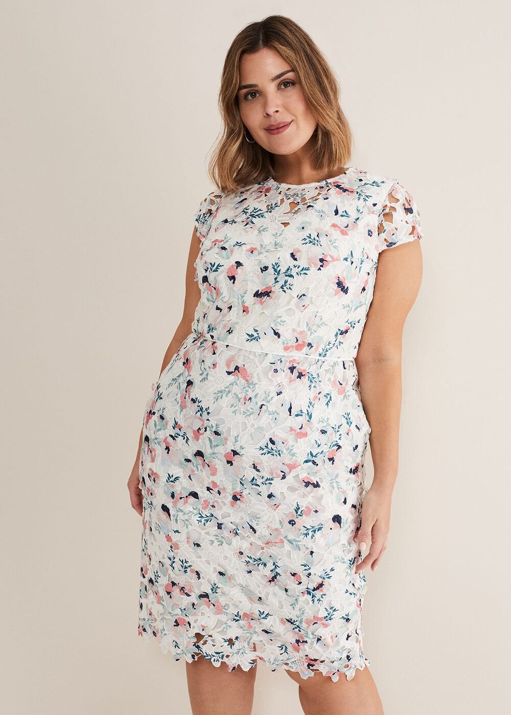 Ivory Floral Lace Dress with Pink & Navy Accents Ivory/Multi