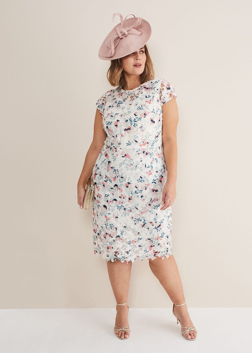 Ivory Floral Lace Dress with Pink & Navy Accents Ivory/Multi
