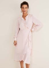 Chic Light Pink Ruffle Midi Dress with Tie Waist Soft Rose