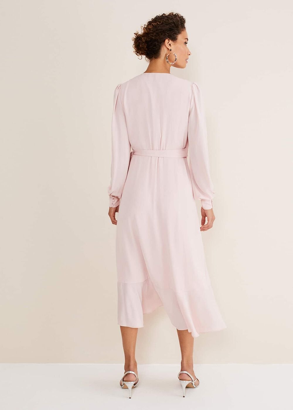 Chic Light Pink Ruffle Midi Dress with Tie Waist Soft Rose