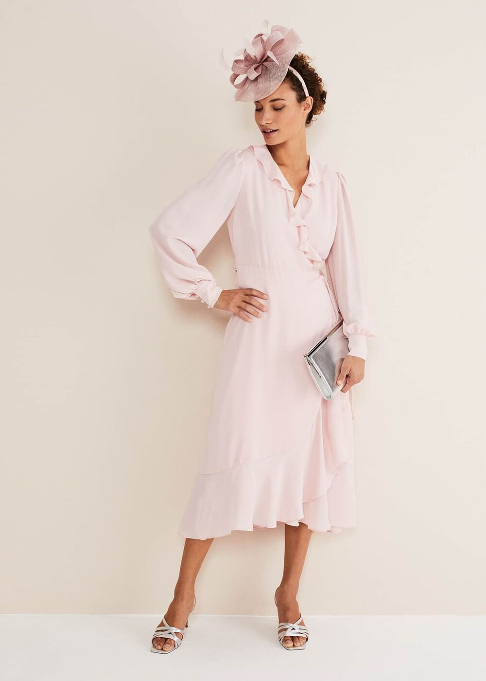 Chic Light Pink Ruffle Midi Dress with Tie Waist Soft Rose