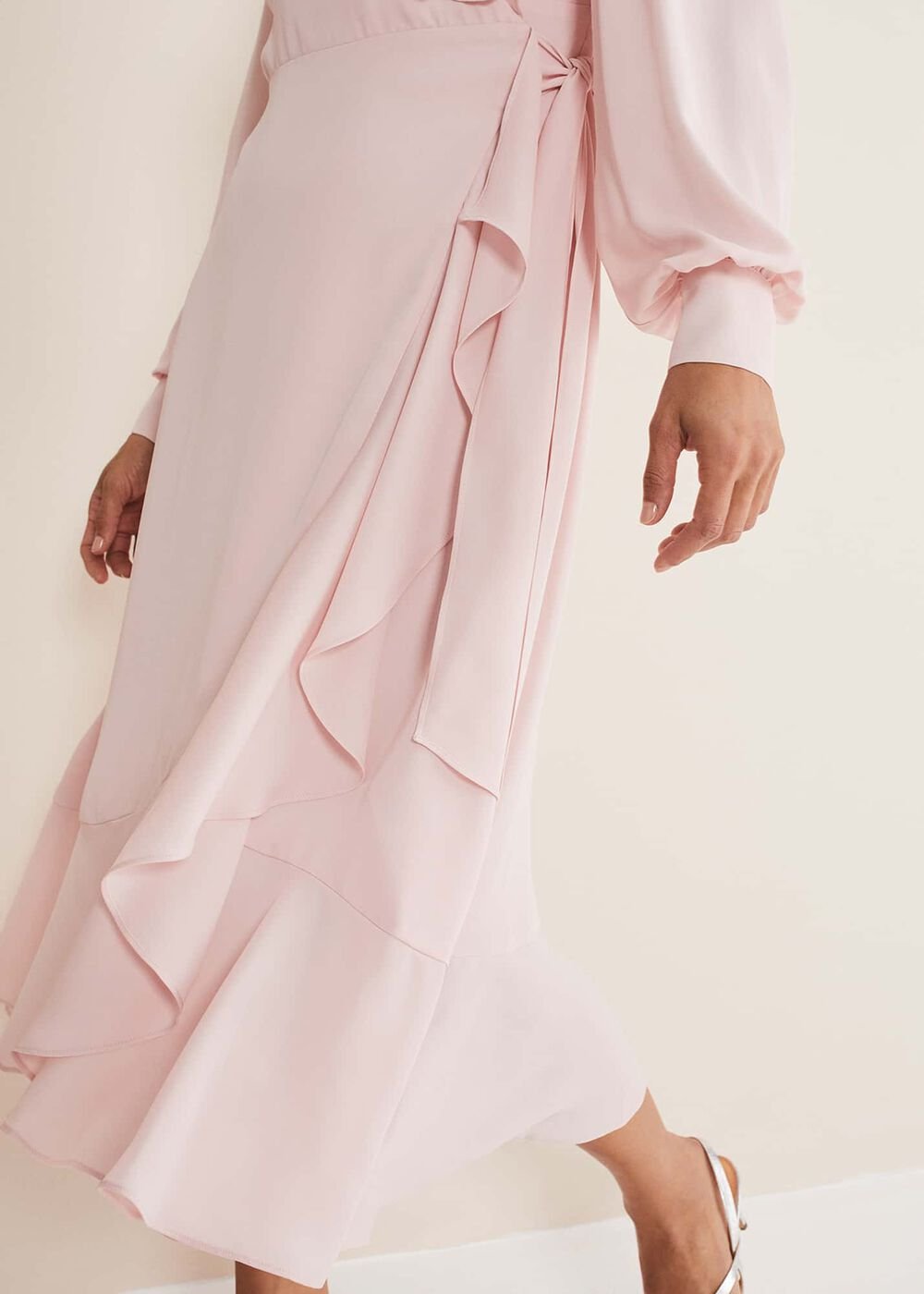 Chic Light Pink Ruffle Midi Dress with Tie Waist Soft Rose