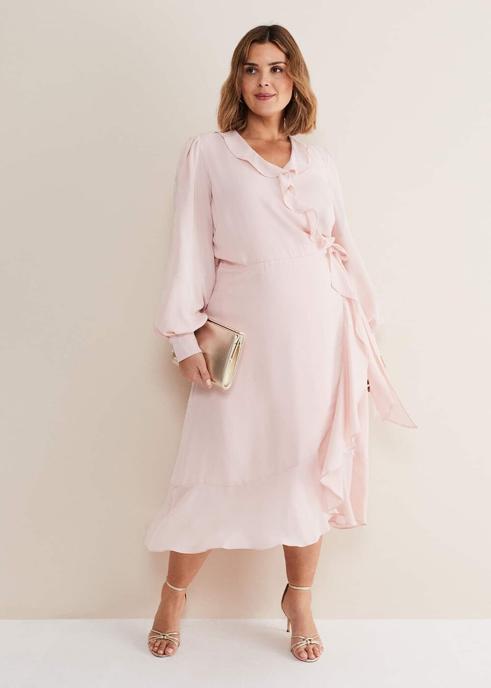 Chic Light Pink Ruffle Midi Dress with Tie Waist Soft Rose