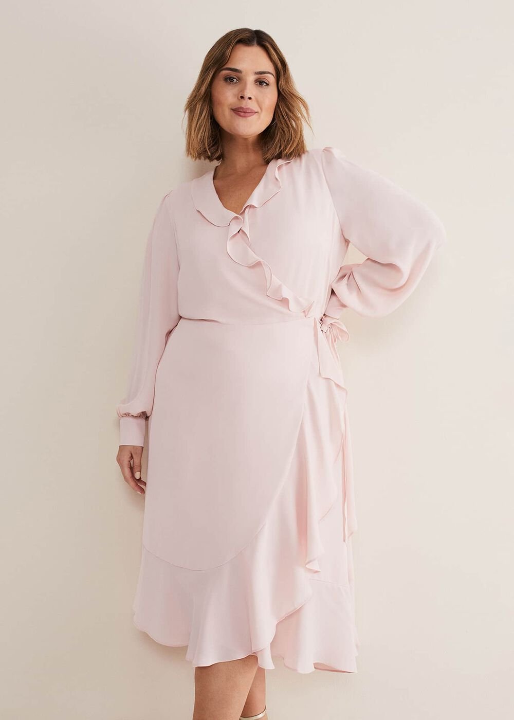 Chic Light Pink Ruffle Midi Dress with Tie Waist Soft Rose