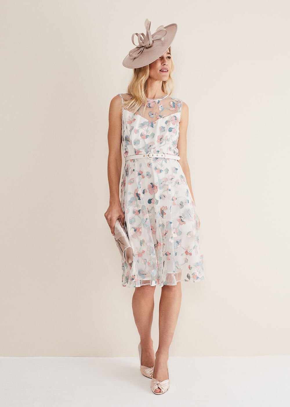 Leighton Floral Embroidered Midi Dress Pale Petal/ Multi