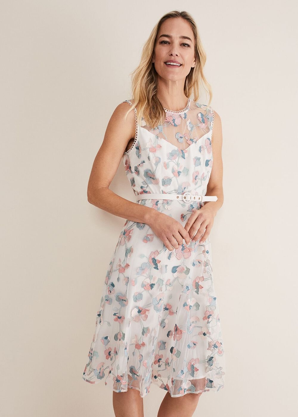 Leighton Floral Embroidered Midi Dress Pale Petal/ Multi