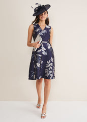 Cassy Jaquard Floral Midi Dress Navy/Multi