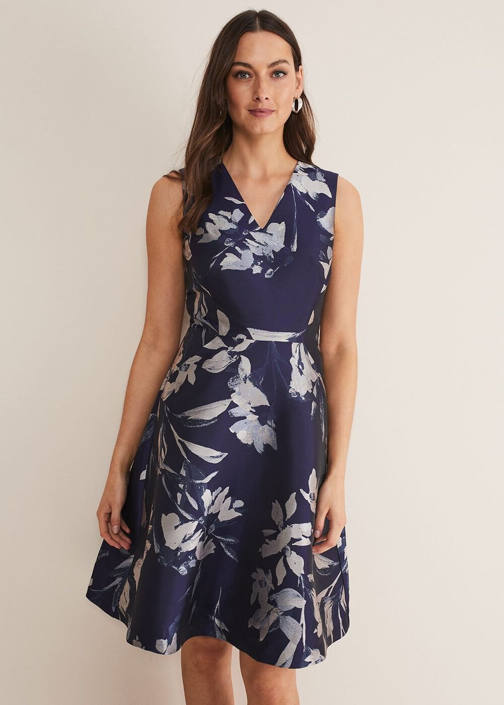 Cassy Jaquard Floral Midi Dress Navy/Multi