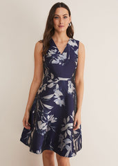 Cassy Jaquard Floral Midi Dress Navy/Multi