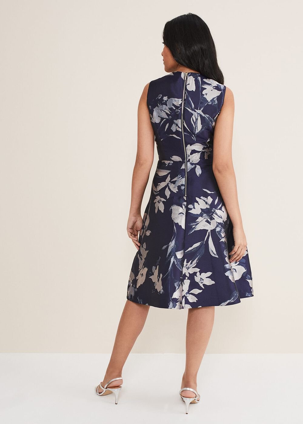 Petite Cassy Jaquard Floral Midi Dress Navy/Multi